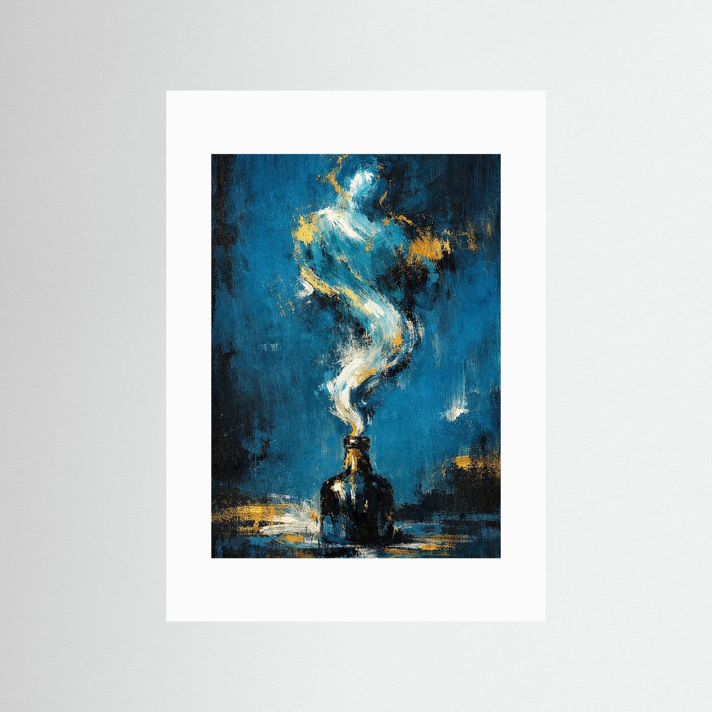 Hochformatiges Kunstposter mit weißem Passepartout, abstrakter Dschinn mit goldenen Akzenten.