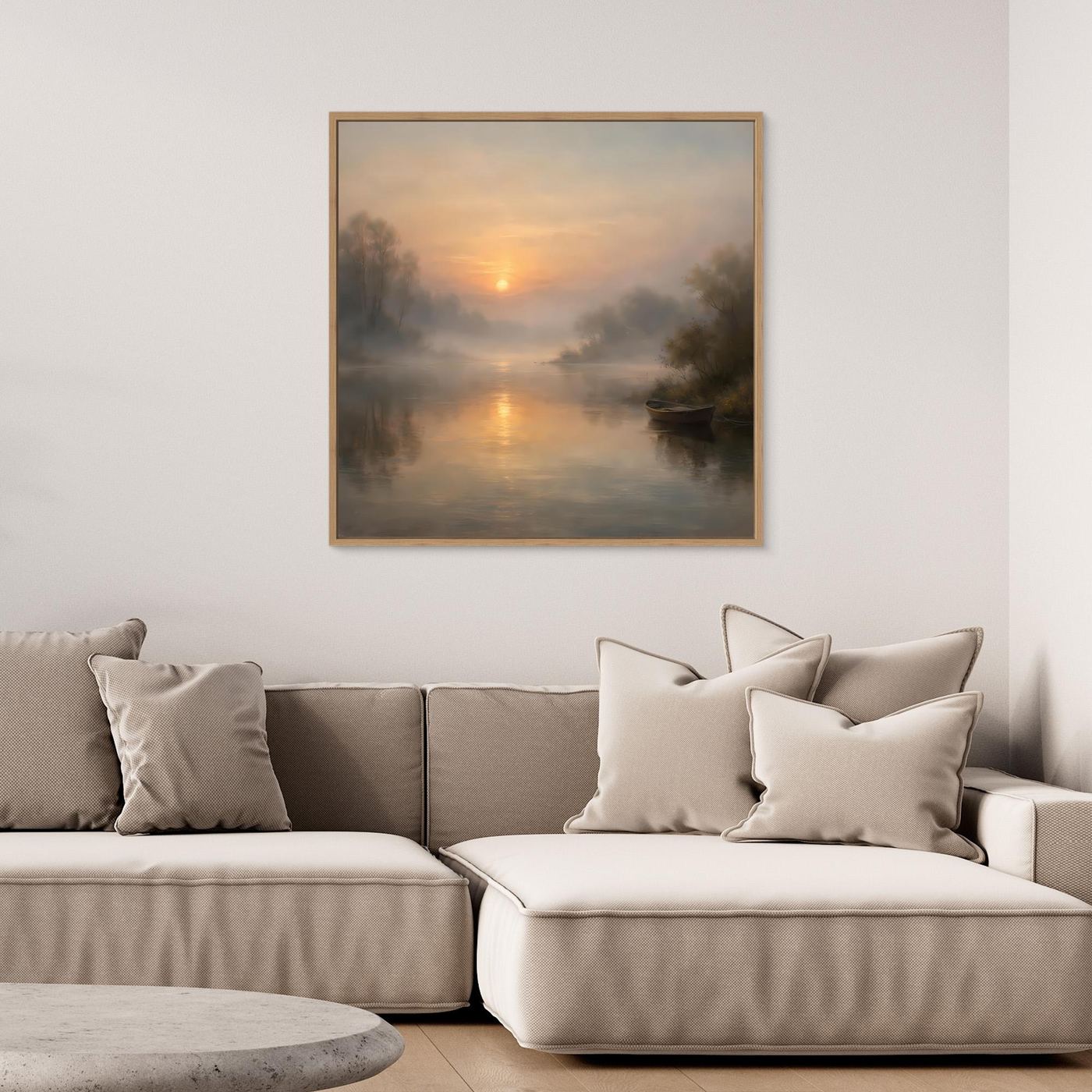 Quadratisches Leinwandbild mit nebligem Fluss und Sonnenaufgang, Eichenholzrahmen