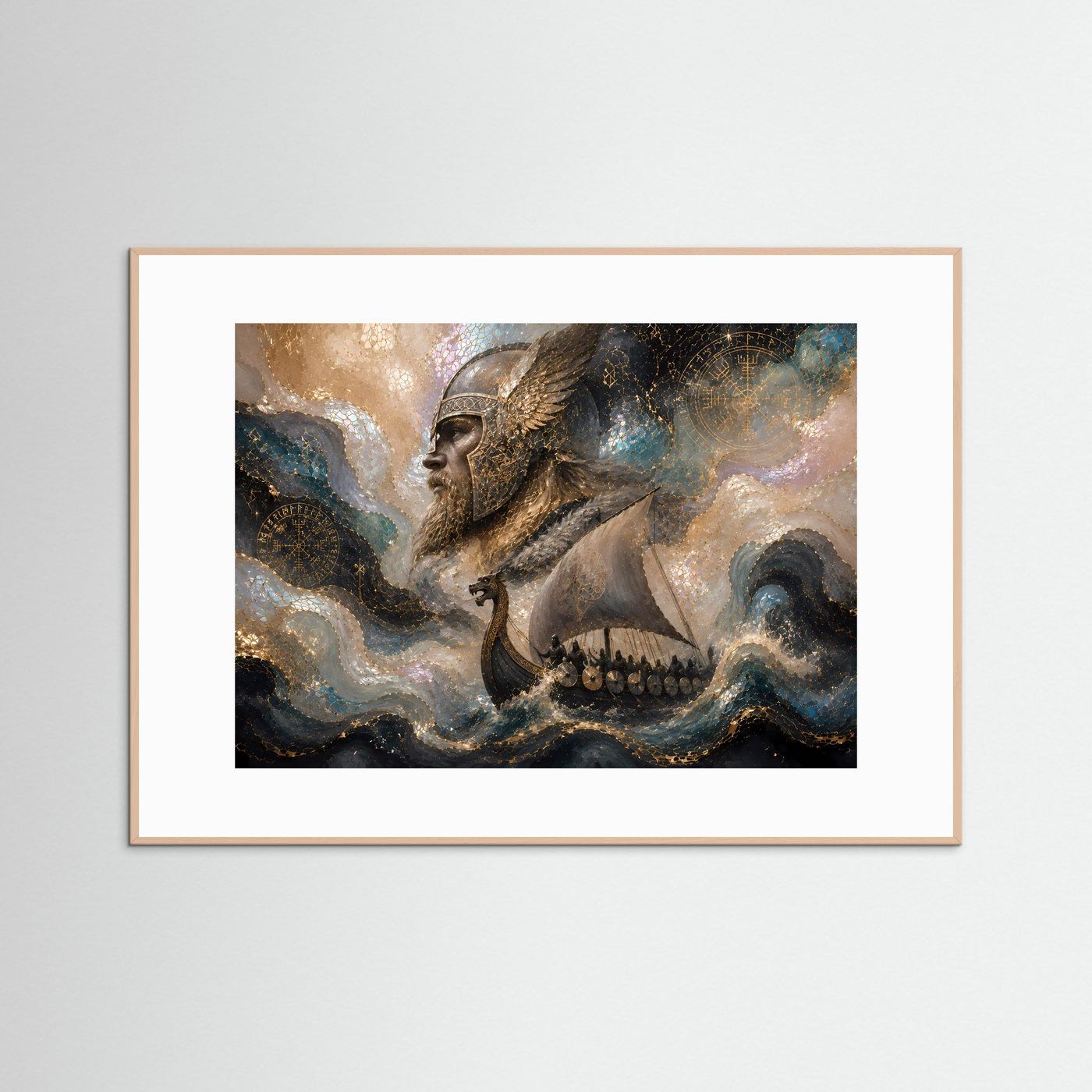 Querformat-Poster mit Wikinger auf Drachenboot, gerahmt in beigem Holz