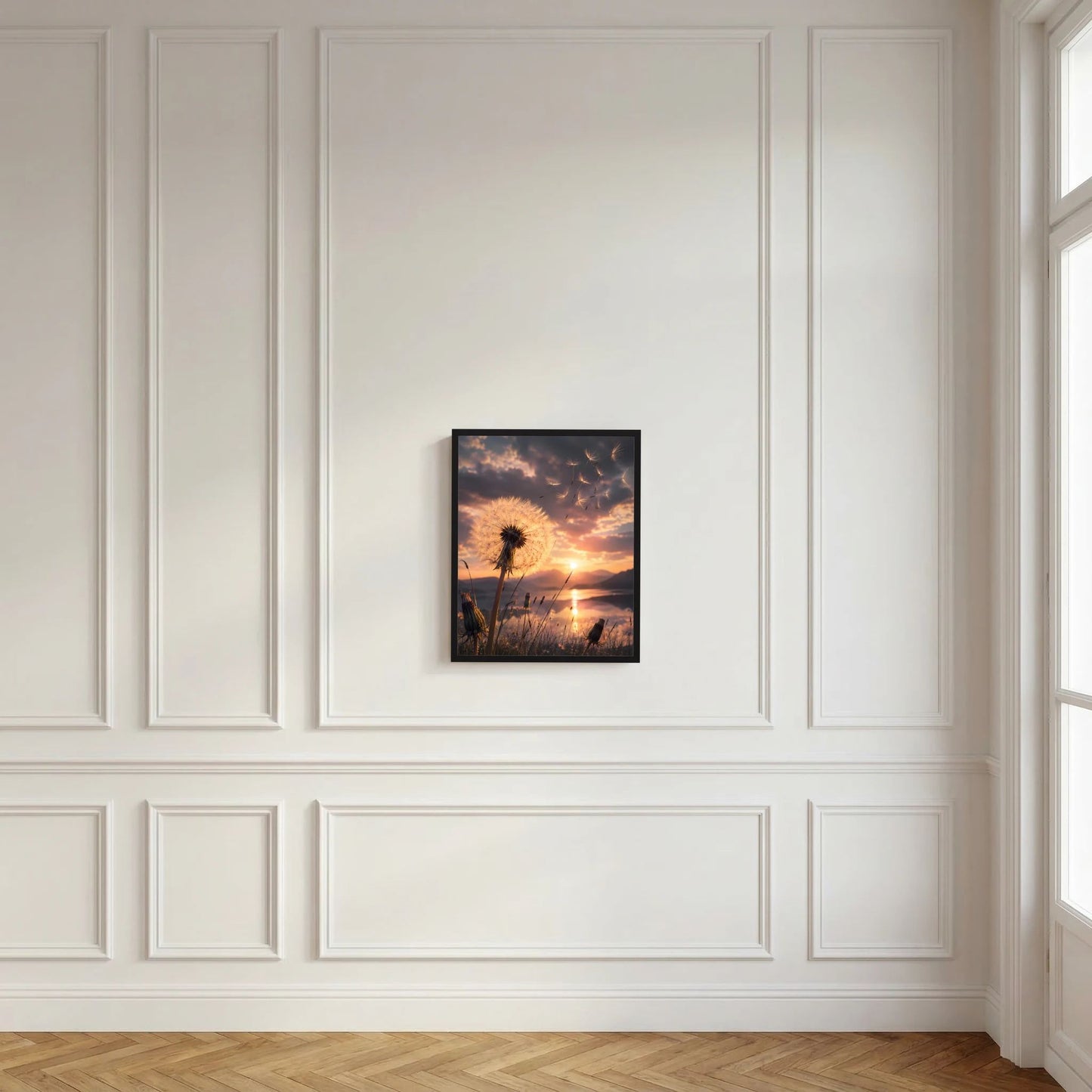 Hochformatposter mit Pusteblume und Sonnenuntergang, klein gerahmt in Schwarz