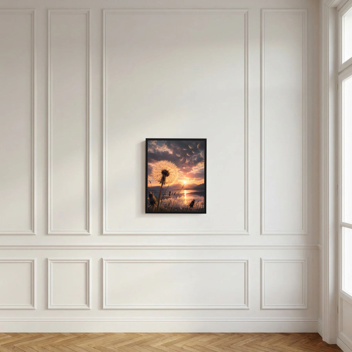 Hochformatposter mit Pusteblume und Sonnenuntergang, klein gerahmt in Schwarz
