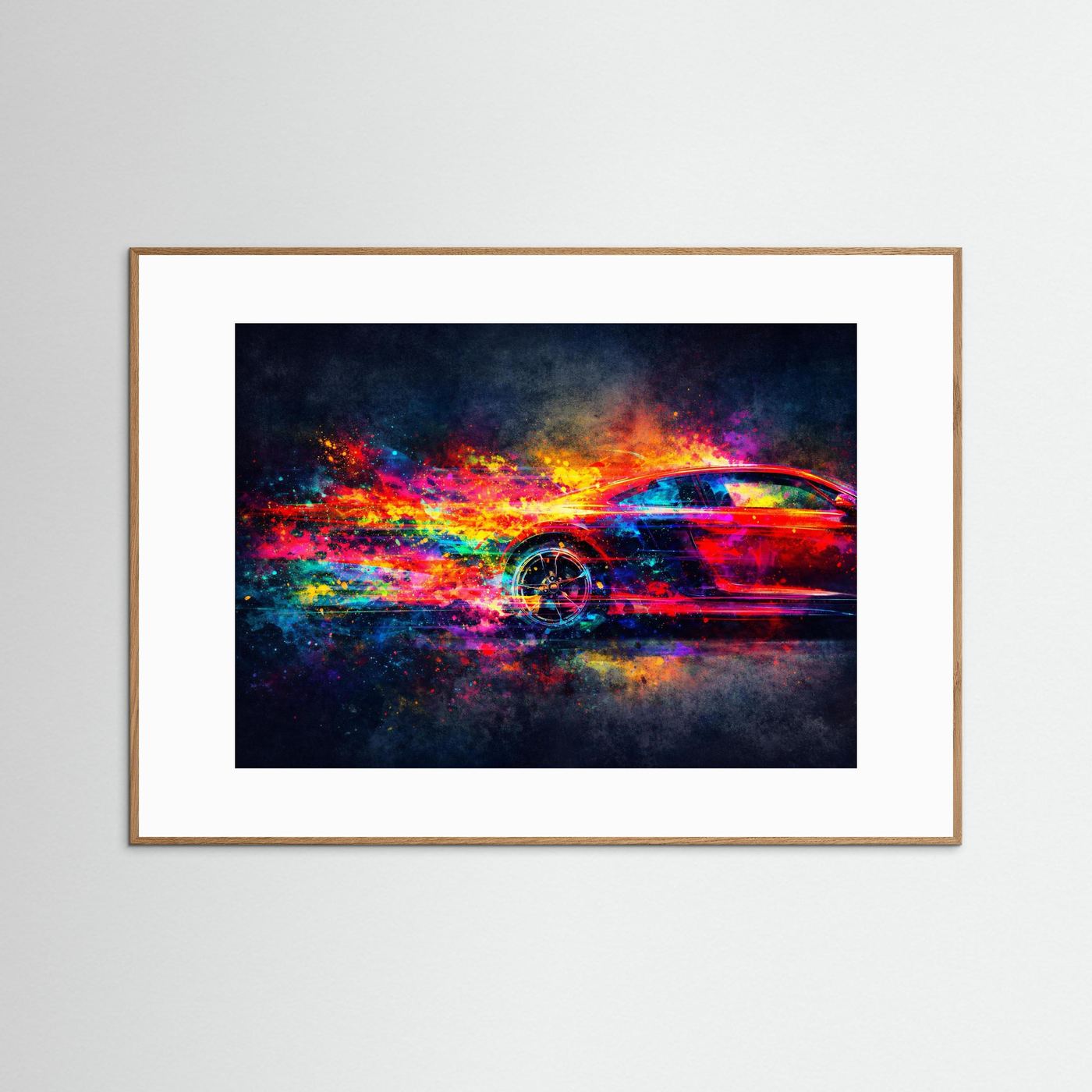 Dynamischer Sportwagen in Neon Farben | Abstrakte Auto Kunst & Bunt Wandbild Querformat