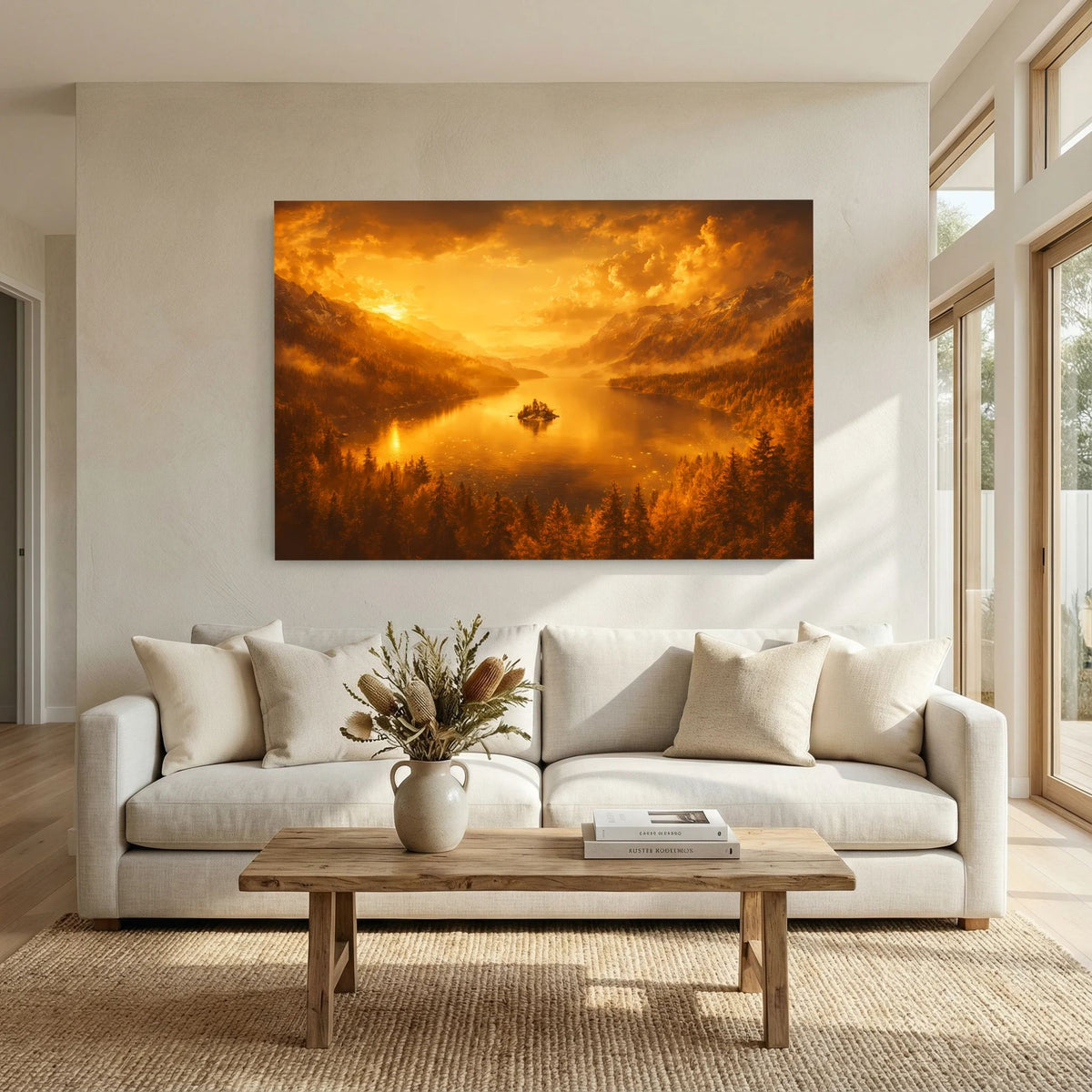 Querformat-Wandbild mit Alpenlandschaft und goldenem See bei Abendsonne