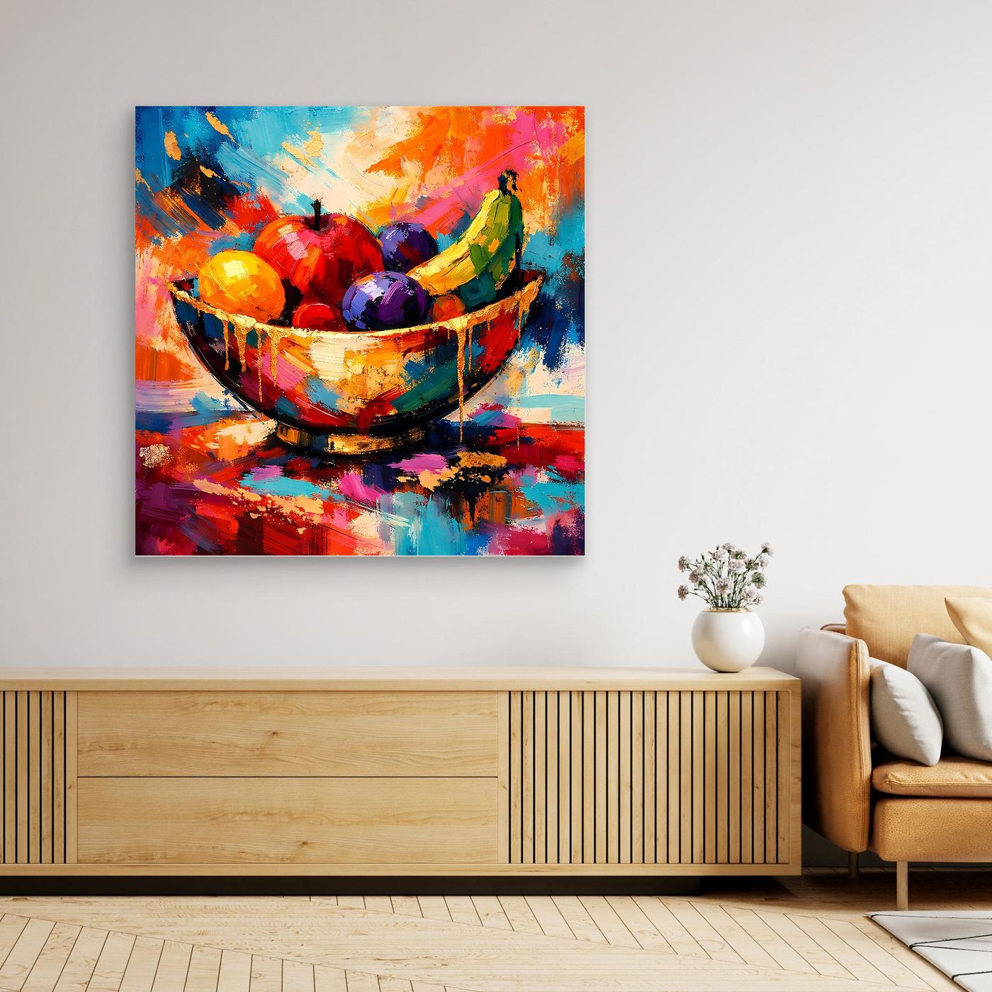 Quadratisches Leinwandbild mit Obstschale, abstraktes Stillleben mit farbigen Spiegelungen