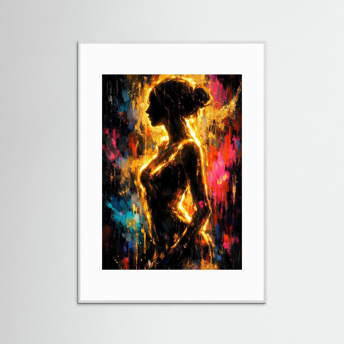 Poster mit abstrakter Frauen-Silhouette in Goldtönen und bunten Akzenten, weißer Rahmen