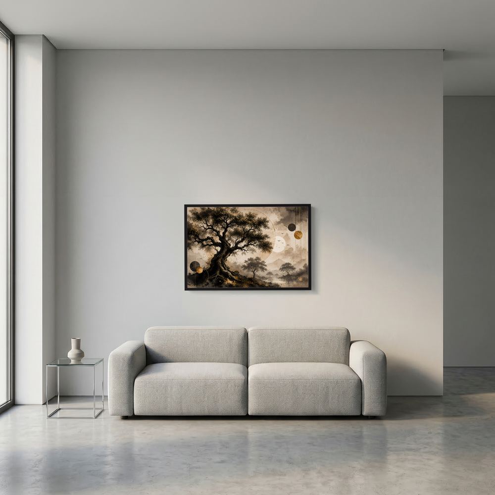 Gerahmtes Wandbild mit Baummotiv in Braun/Beige und goldenen Akzenten, Querformat, schwarzer Rahmen