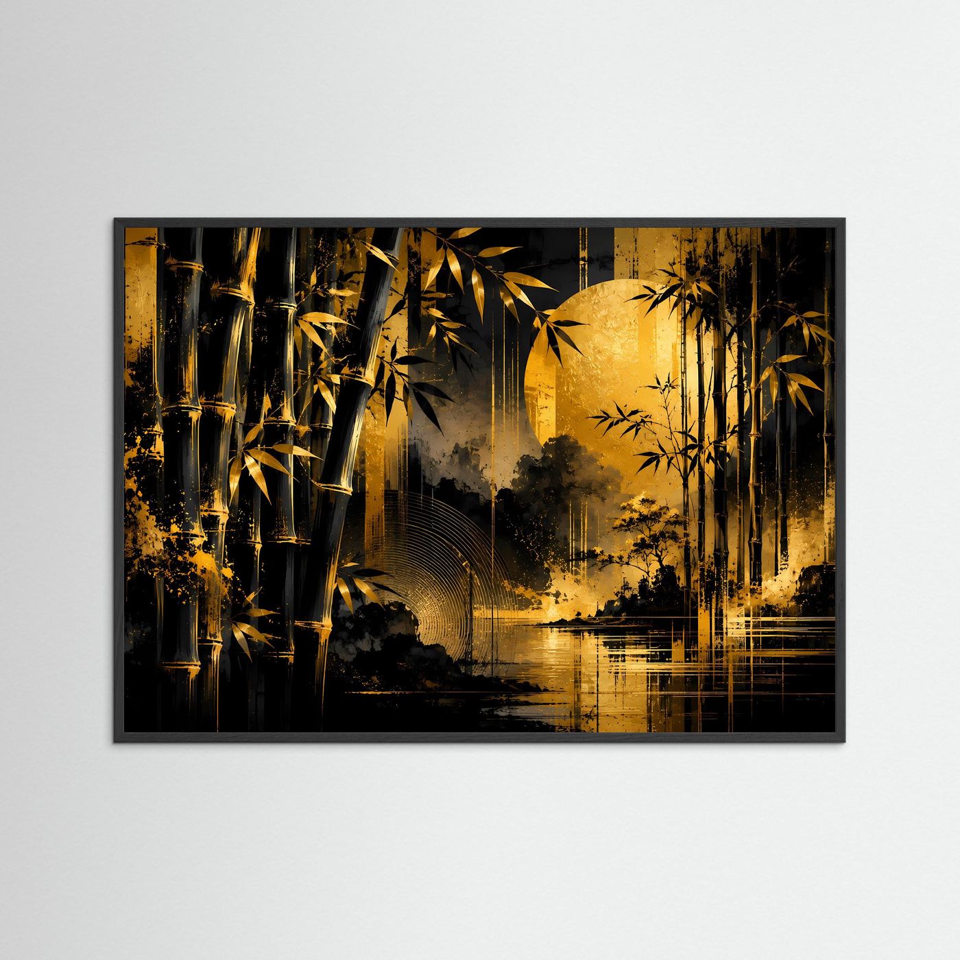 Goldener Bambuswald bei Mondlicht | Elegante asiatische Naturkunst in Schwarz & Gold mit Wasserreflexion | Luxuriöse abstrakte Wandkunst