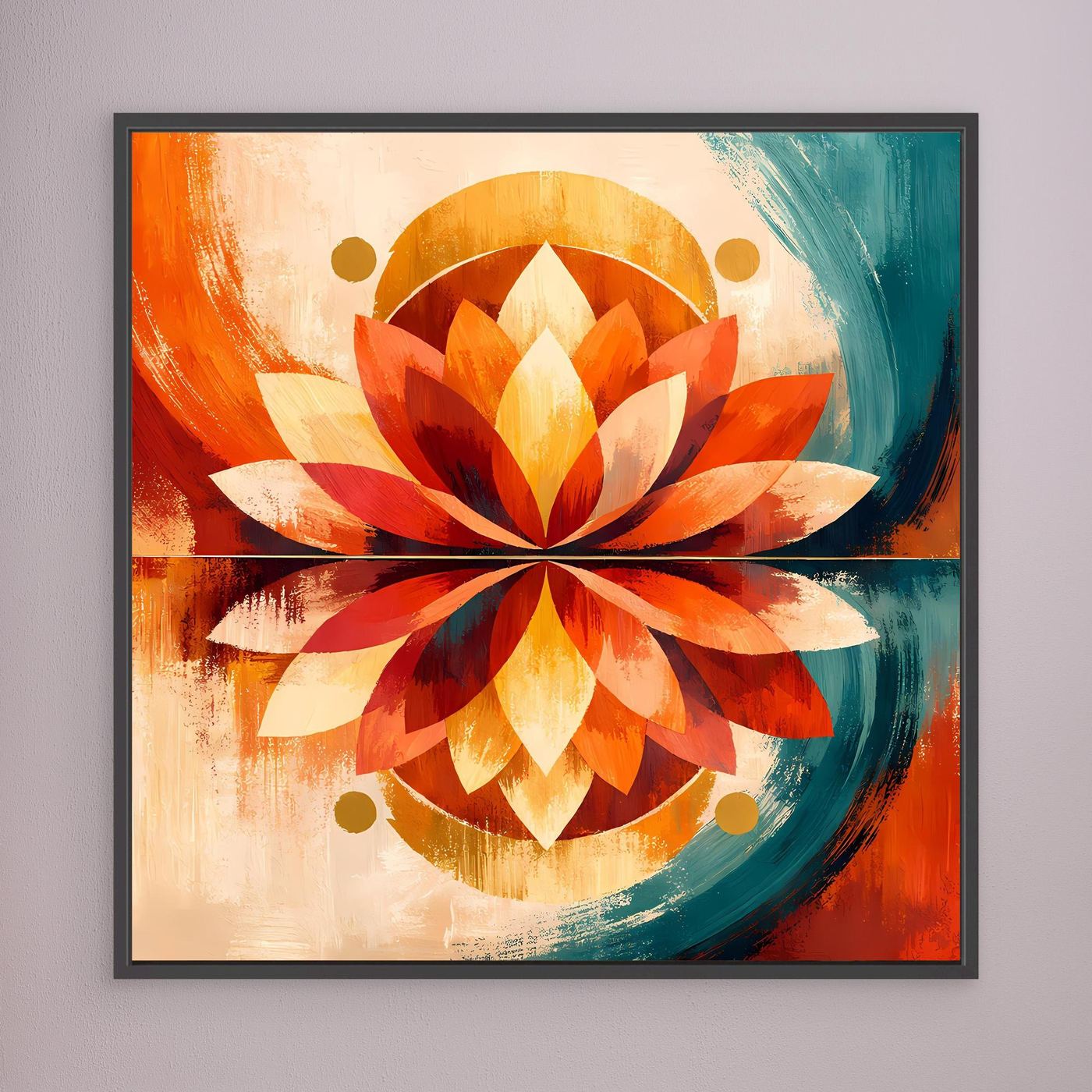 Gerahmtes Leinwandbild mit Lotus in Orange und Türkis, goldene Ringe und schattierte Blütenblätter