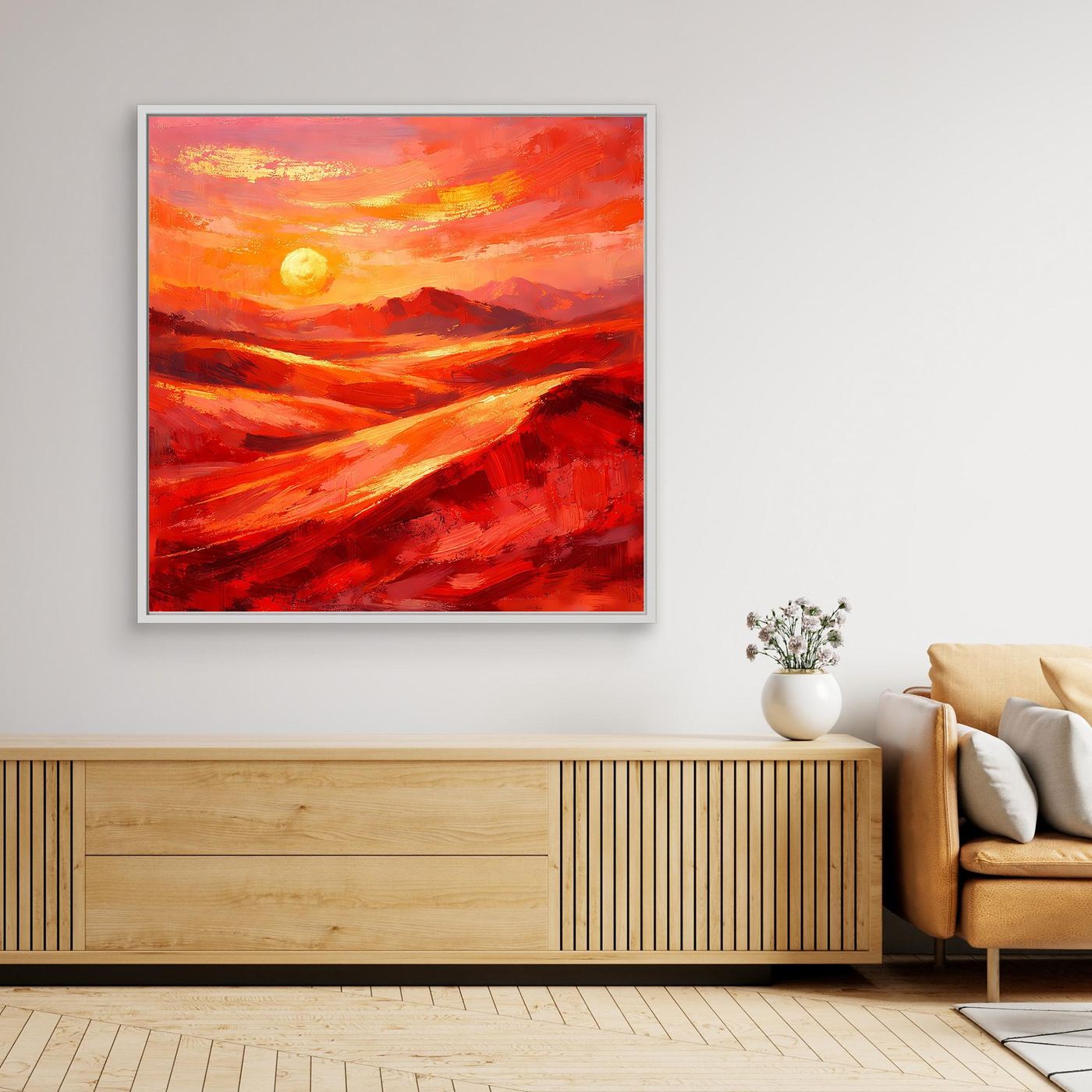 Leinwandbild mit abstrakter roter Landschaft, orangefarbener Himmel, weißer Rahmen