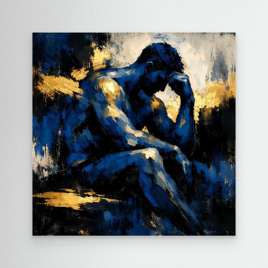 Blaues Leinwand-Wandbild mit abstrakter Männersilhouette am Tisch, Goldakzenten