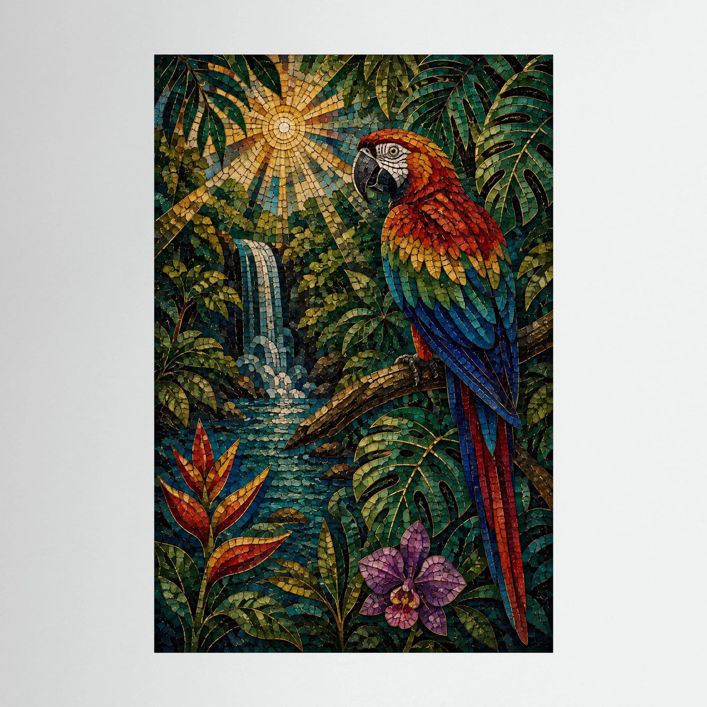 Hochformat-Poster mit mosaikartigem Papagei in tropischem Dschungel, Sonne und Wasserlauf