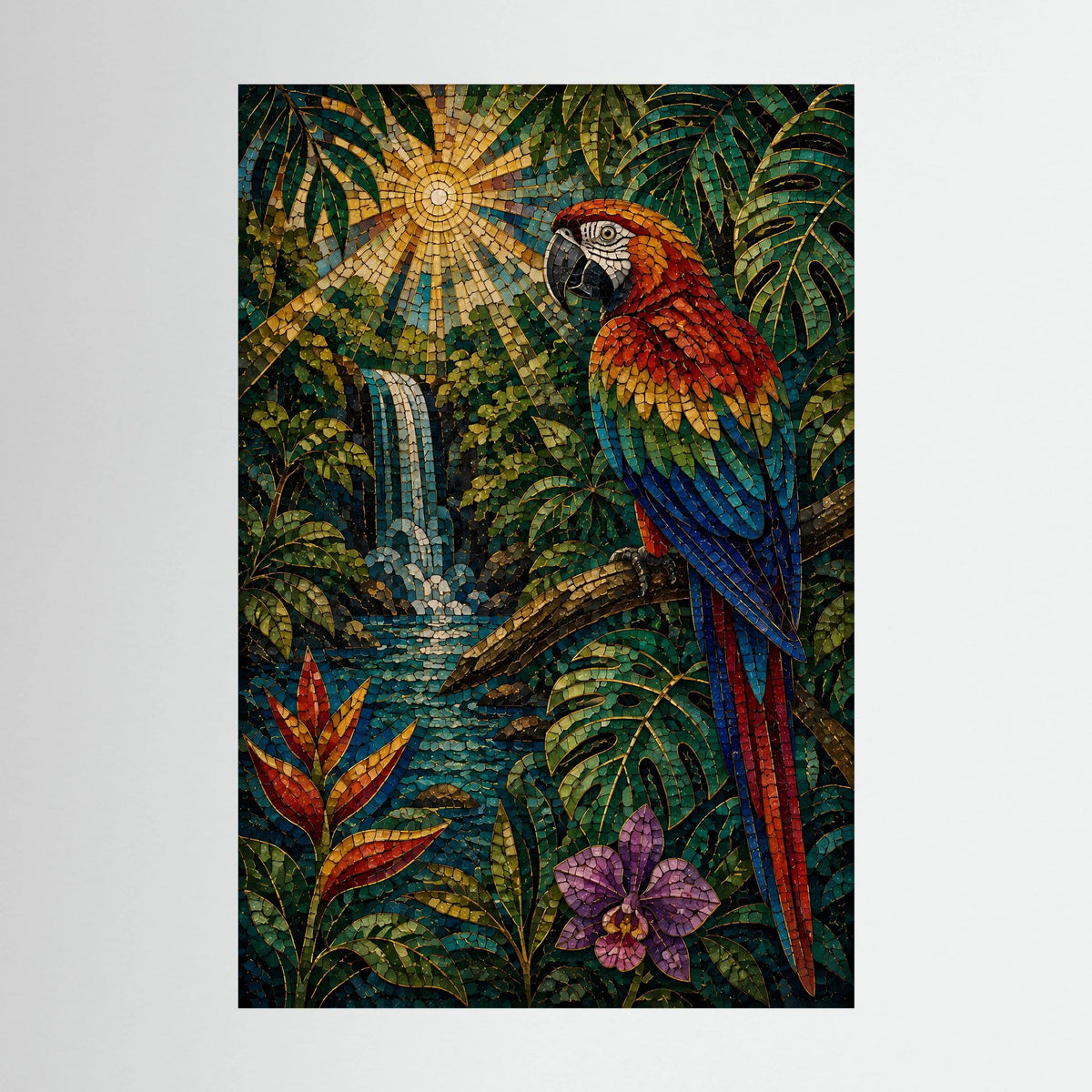 Hochformat-Poster mit mosaikartigem Papagei in tropischem Dschungel, Sonne und Wasserlauf