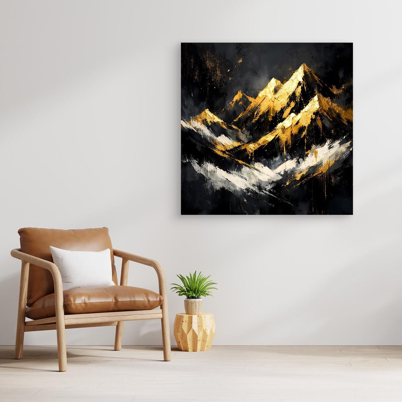 Leinwand Goldene Berggipfel im Abendlicht | Modernes Abstraktes Berg Wandbild