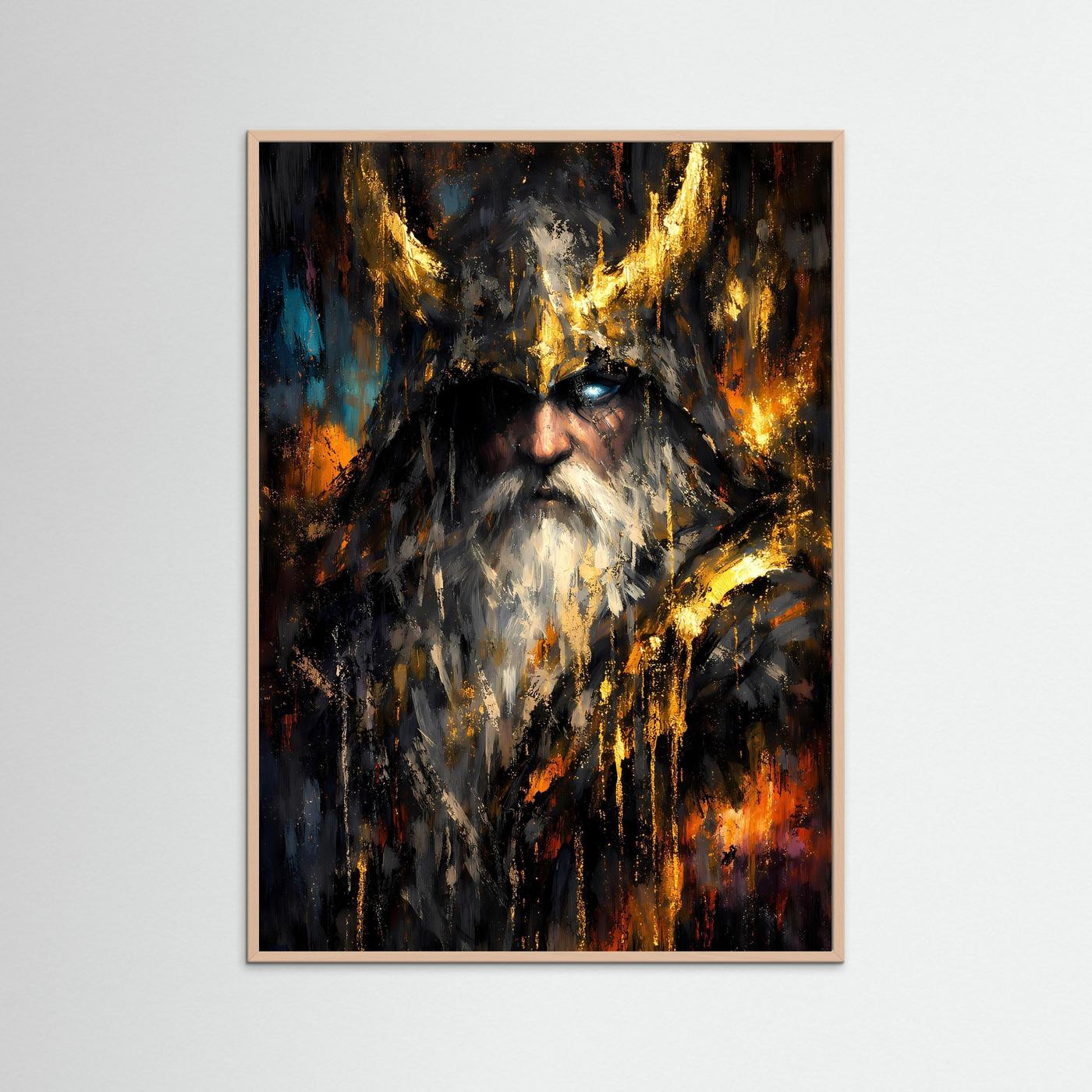 Wikinger-Poster im rosafarbenen Holzrahmen, Odin-Gesicht abstrakt mit Goldlicht