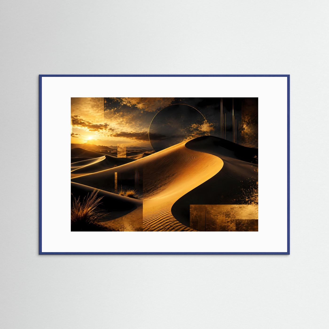 Poster mit goldener Wüstenlandschaft im blauen Rahmen, Querformat