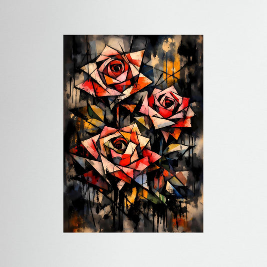 Geometrie der Liebe | Modernes Rosen Kunst Poster bunt | Abstraktes Kubismus Wandbild Hochformat
