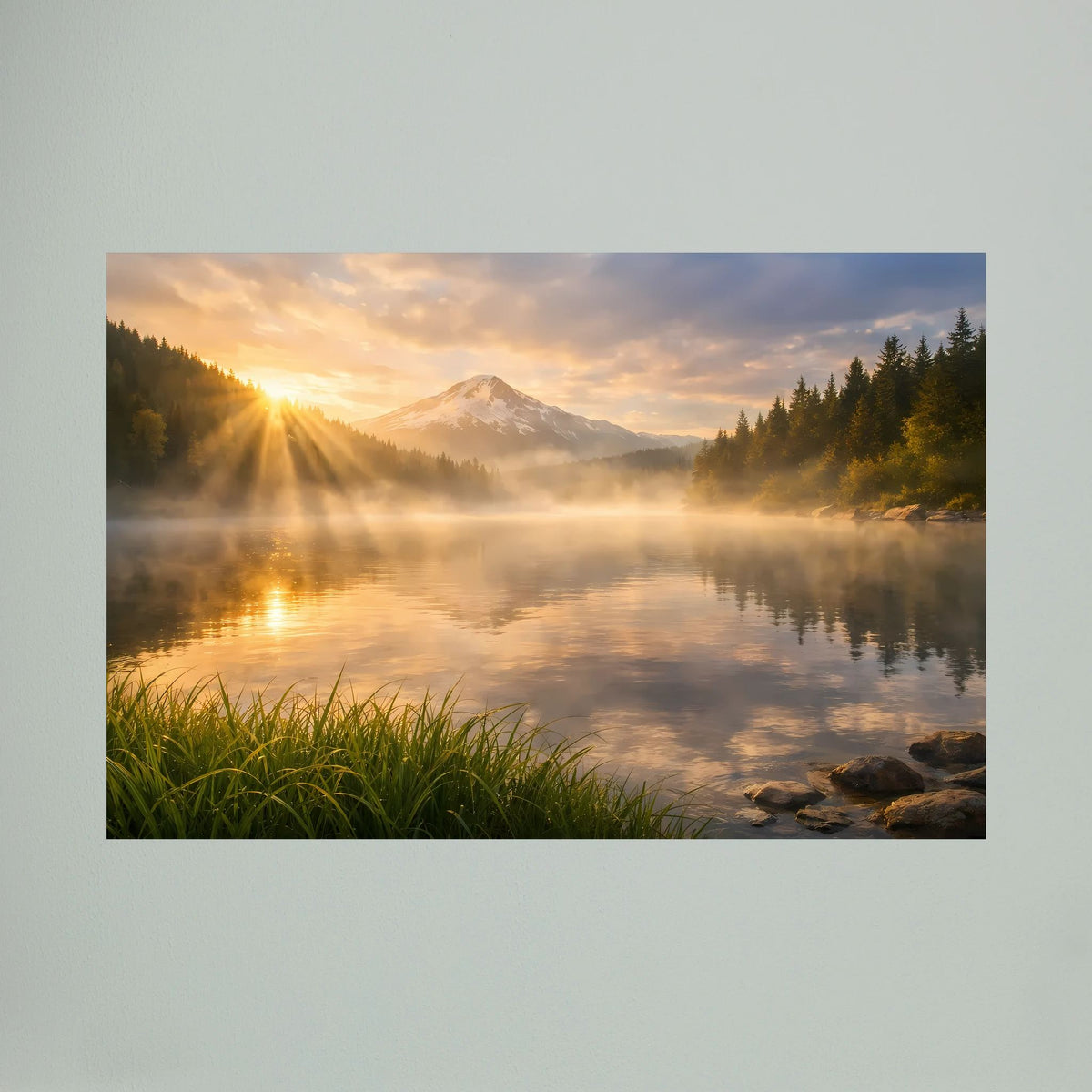 Querformatiges Poster mit Bergsee, Sonnenaufgangsstimmung und Nebelreflexion im Wasser