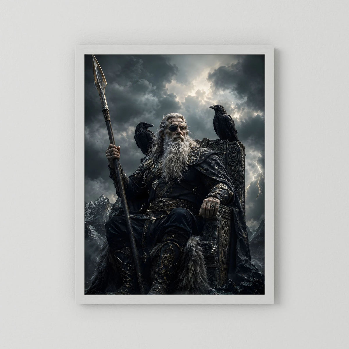 Poster im Hochformat mit weißem Rahmen: Krieger mit Speer und Rabe, Schwarz-Gold