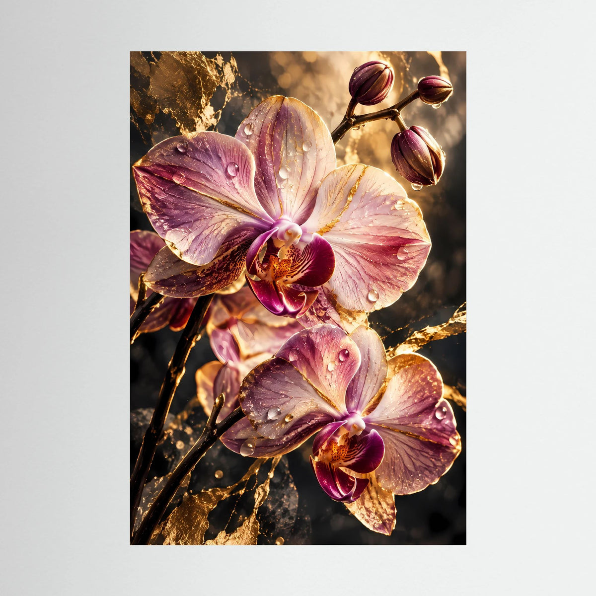 Hochformatiges Poster mit rosa Orchideenblüten und Wassertropfen
