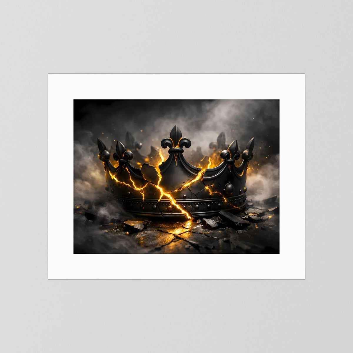 Poster mit schwarzer zerbrochener Krone und goldenen Flammenlichtern, weißes Passepartout