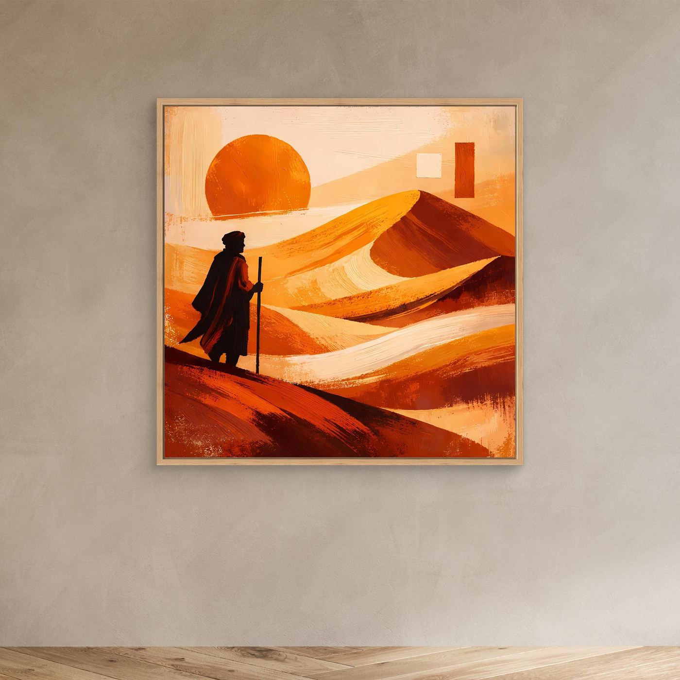 Abstraktes Leinwandbild mit Wüstenlandschaft im hellen Rahmen: orange Sonne, Figur mit Stab