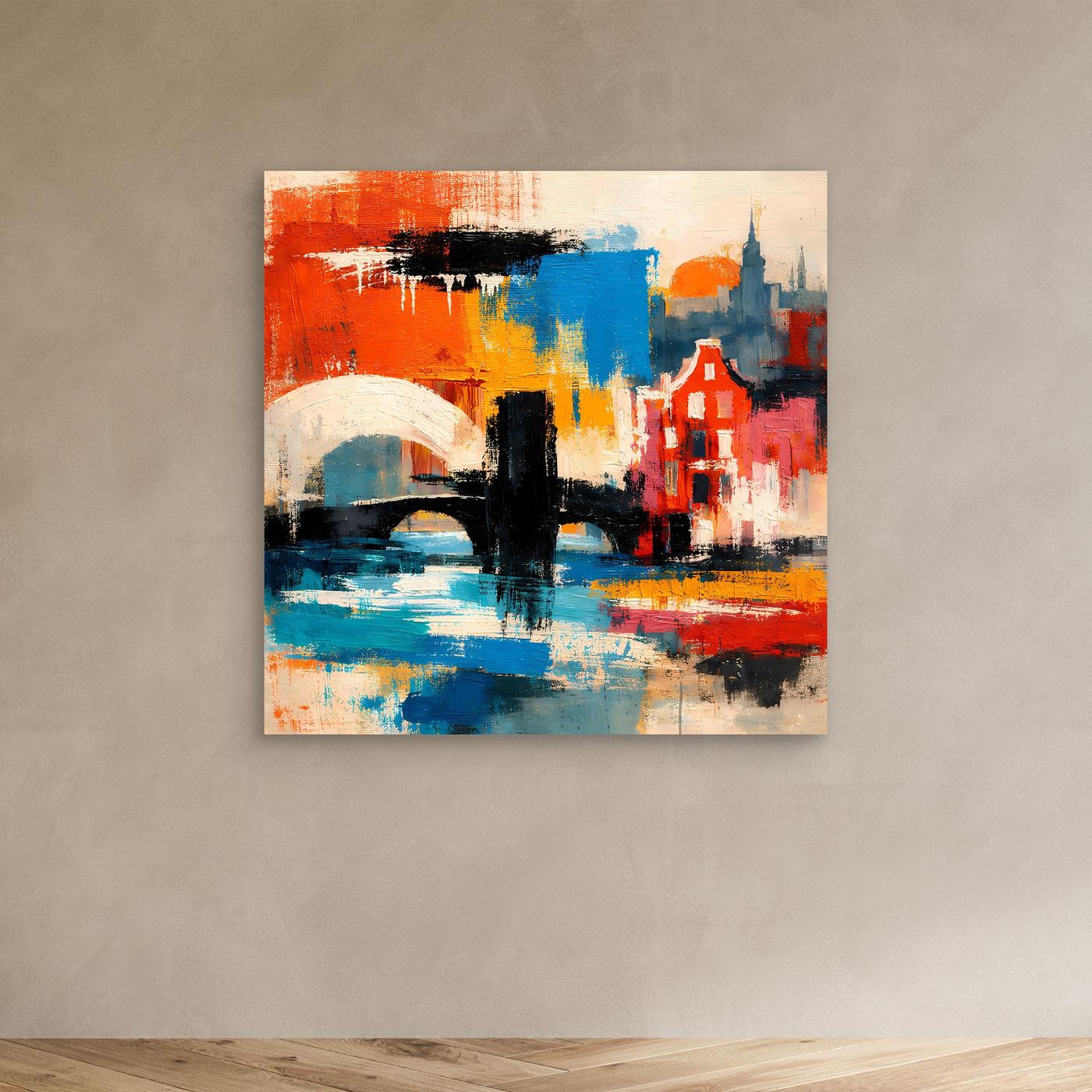Leinwand-Wandbild mit abstrakter Brücken- und Stadtform in Rot, Blau und Gelb, ohne Rahmen