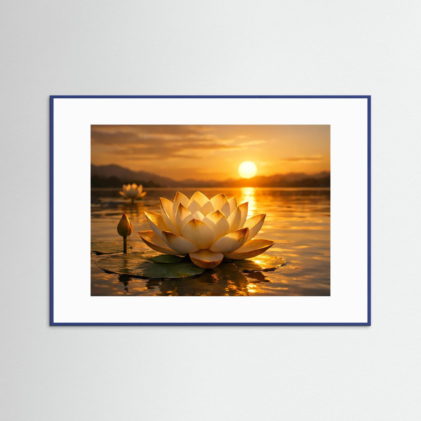 Gerahmtes Poster mit Lotusblüte auf Wasser im goldenen Sonnenuntergang, blauer Rahmen