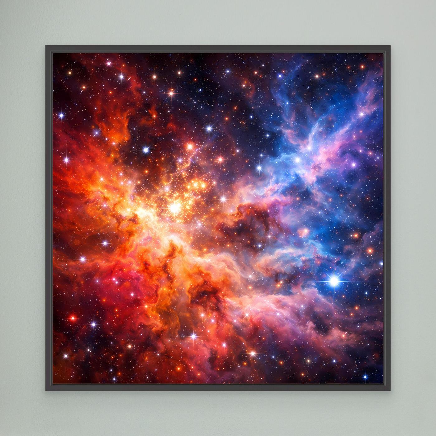 Leinwandbild mit kosmischen Nebeln: rot-blauer Sternhimmel, schwarzer Rahmen