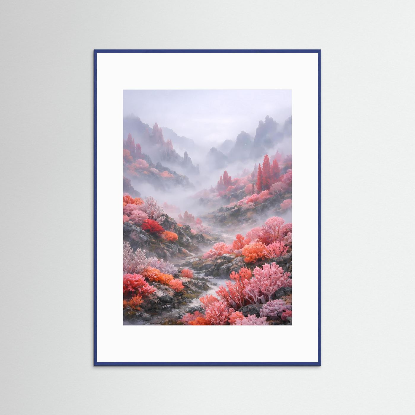 Hochformat-Wandposter: nebliges Gebirgstal mit rosa Laubbäumen, Fluss, blauer Holzrahmen.