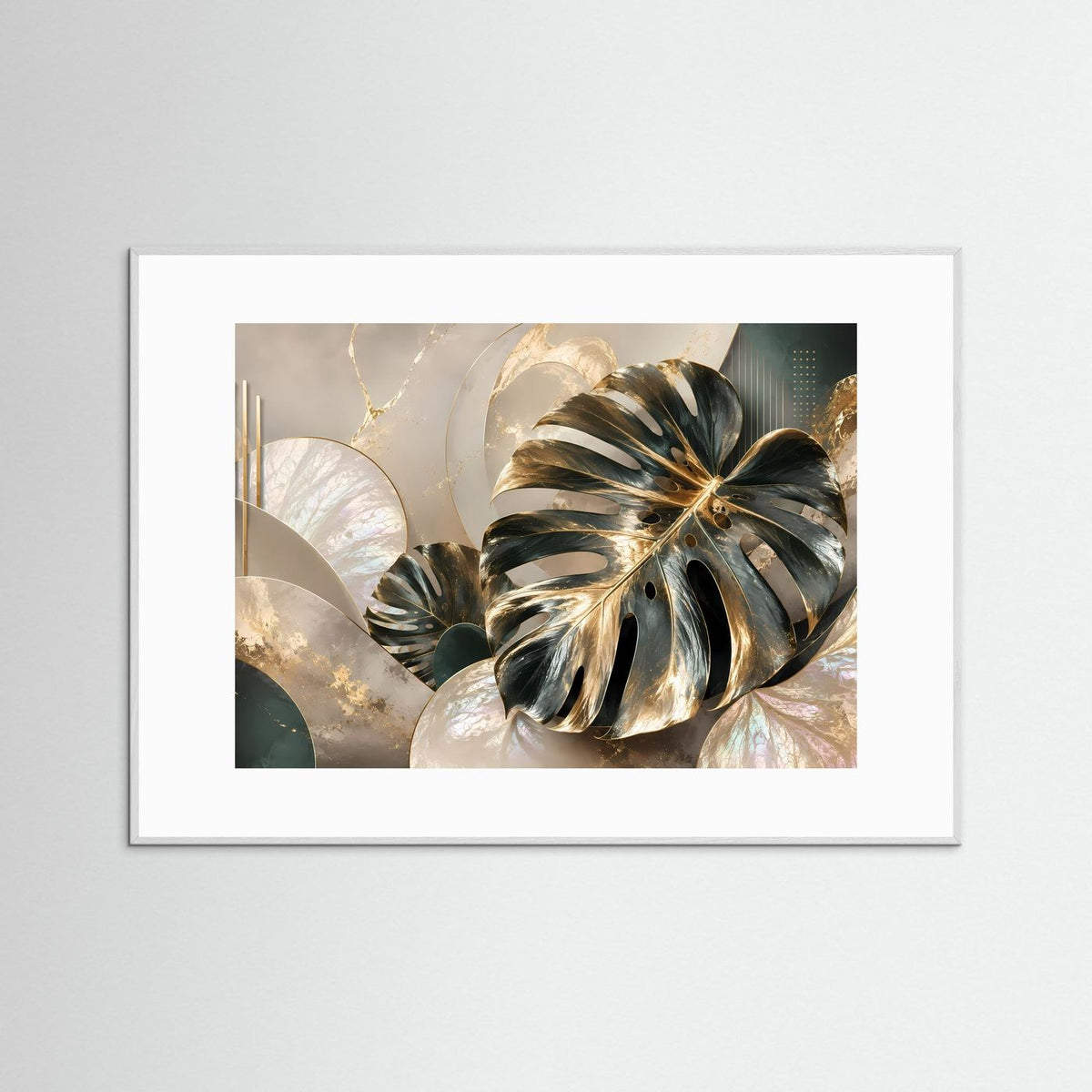 Poster mit goldenen Monstera-Blättern auf cremefarbenem Hintergrund, weißer Rahmen, Querformat