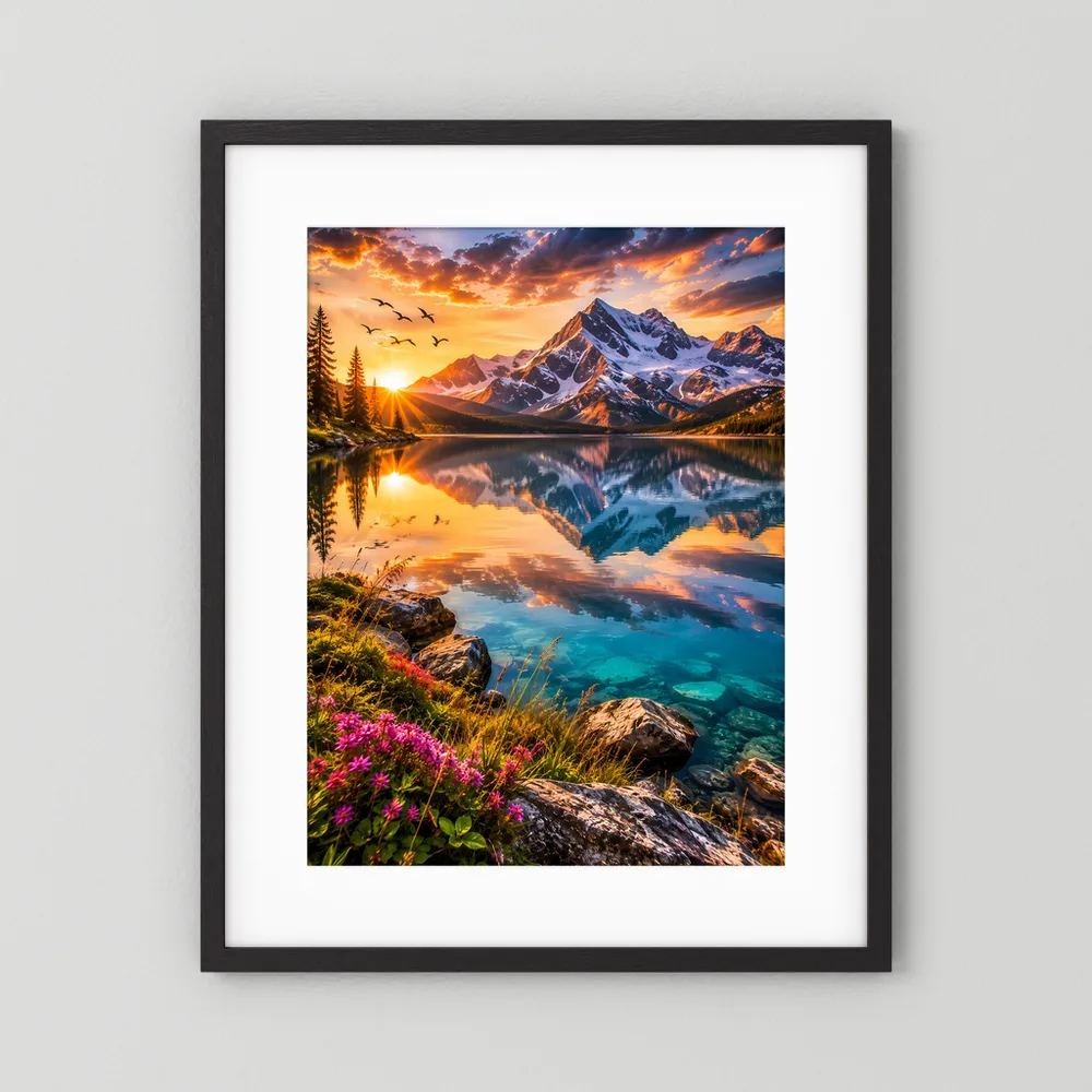 Alpenlandschaft-Poster im Hochformat mit schwarzem Rahmen und weißem Passepartout
