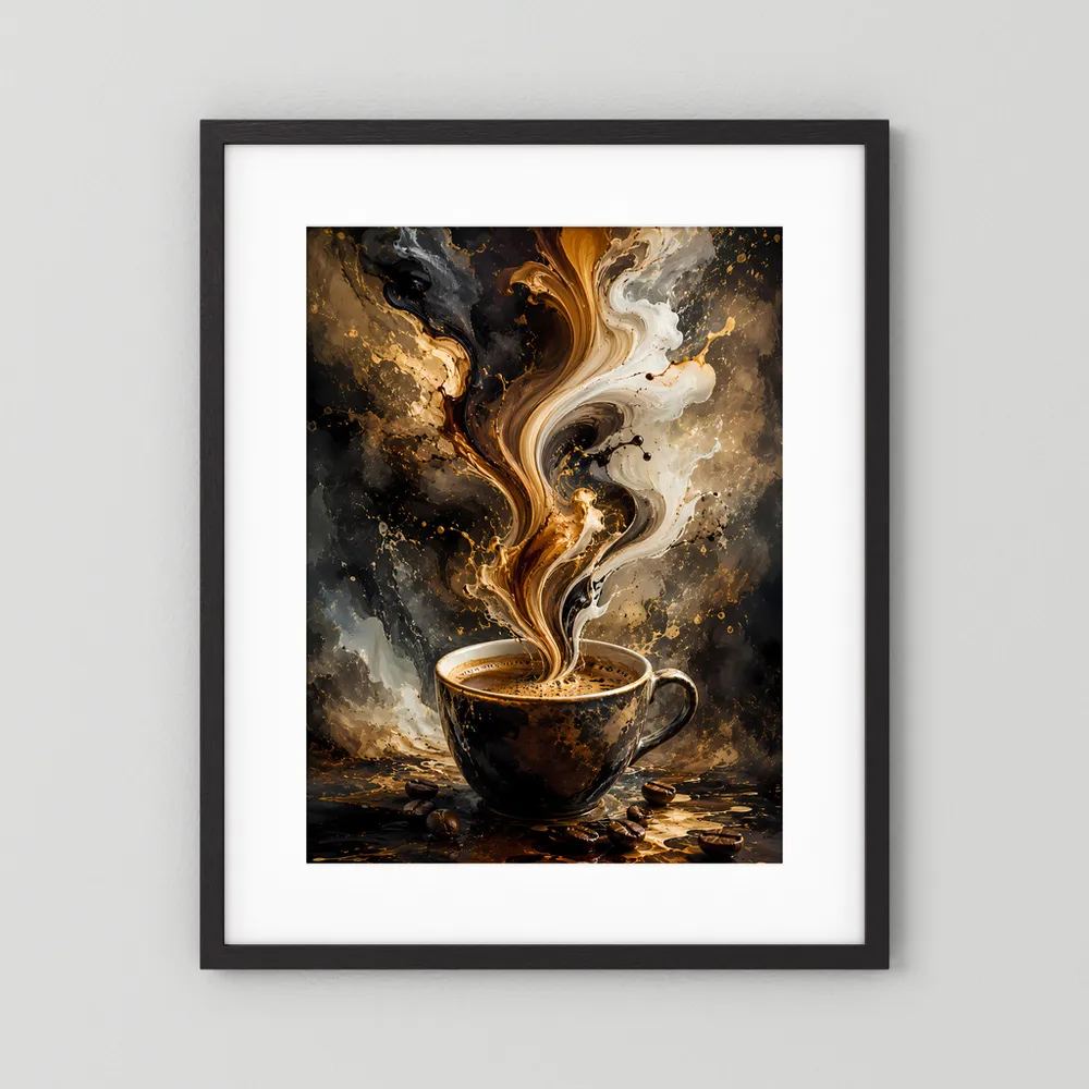 Hochformat-Poster mit Kaffeetasse und Farbwirbel, weißer Innenrand und schwarzer Rahmen.