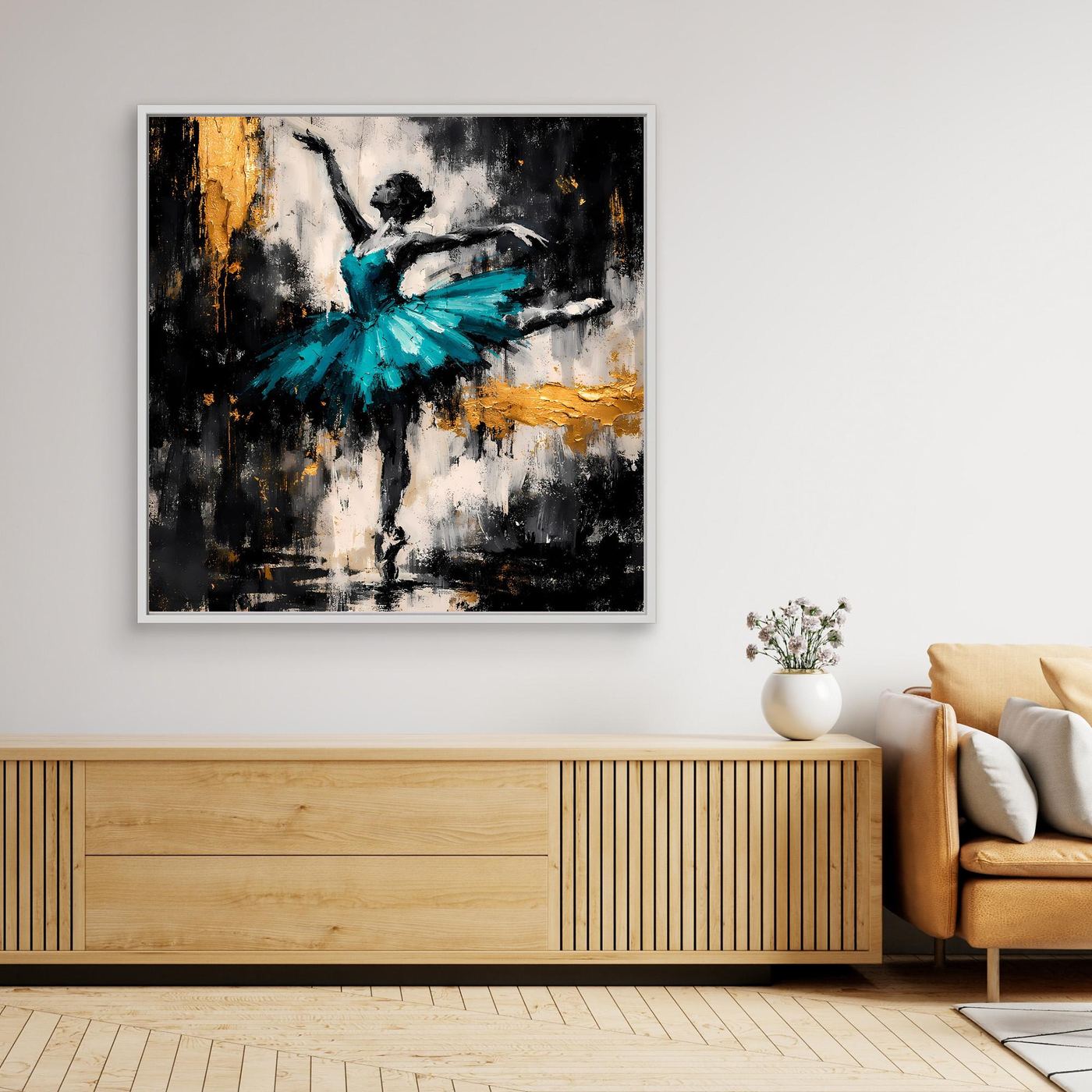 Leinwand Abstrakte Ballerina in Türkis und Gold | Modernes Ballett Wandbild mit Tanz-Motiv