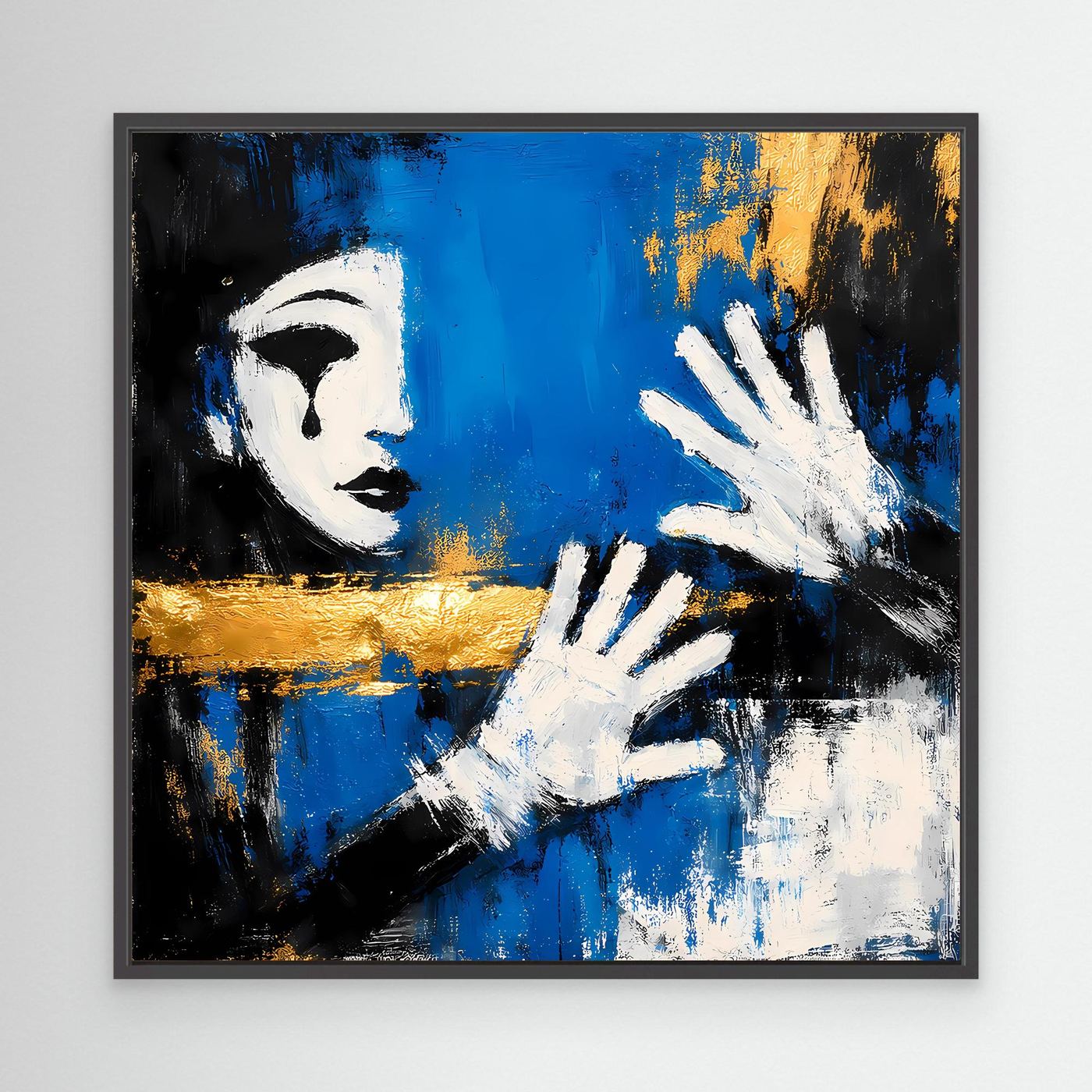 Leinwand Melancholischer Mime in Blau | Abstraktes Pierrot Wandbild Gold