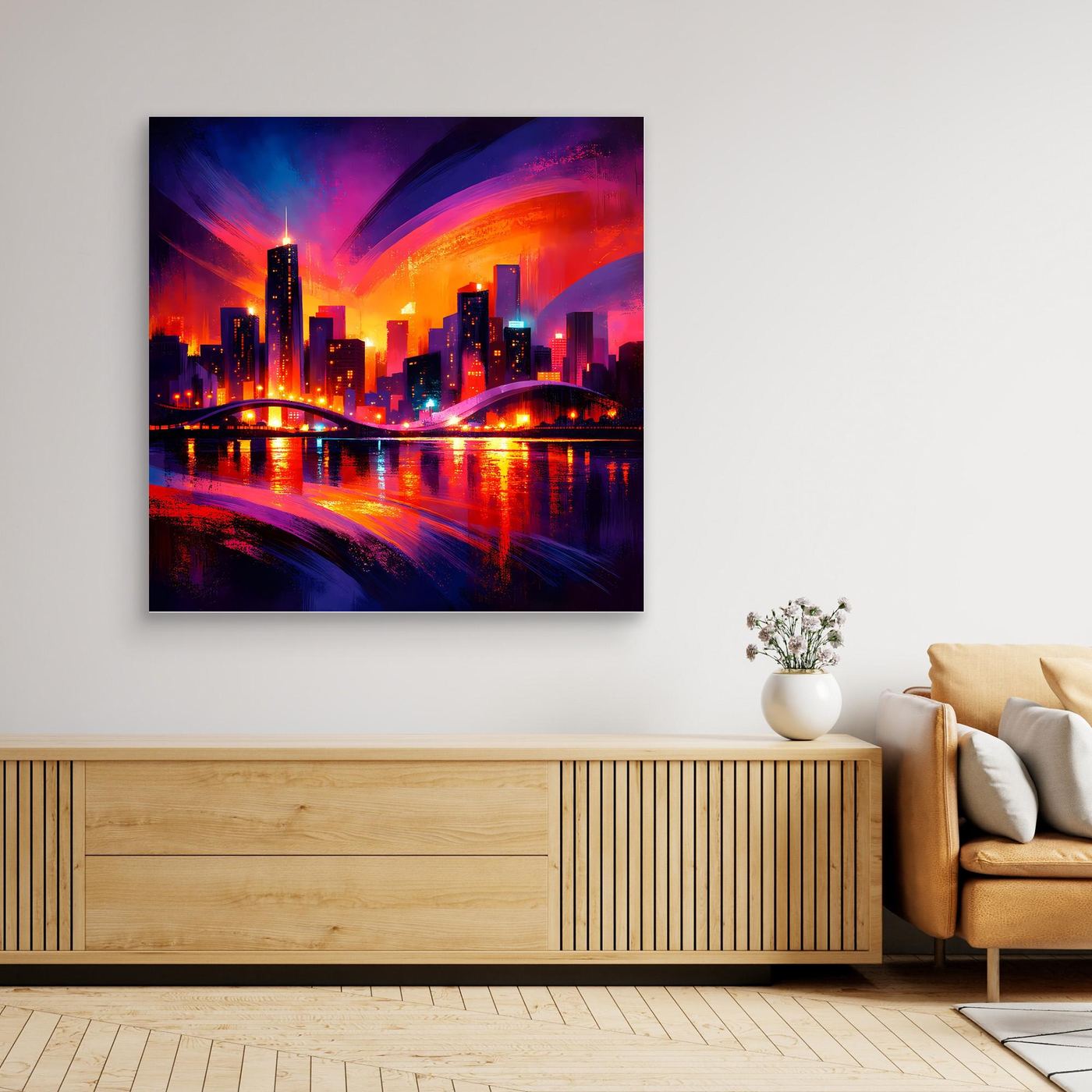 Wandbild Leinwand mit Neon-Skyline bei Nacht, lila-blauer Bildrand, dunkler Rahmen