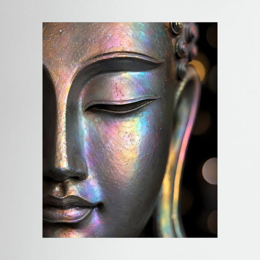 Kunstposter mit Buddha-Gesicht in irisierendem Perlmuttglanz, Hochformat