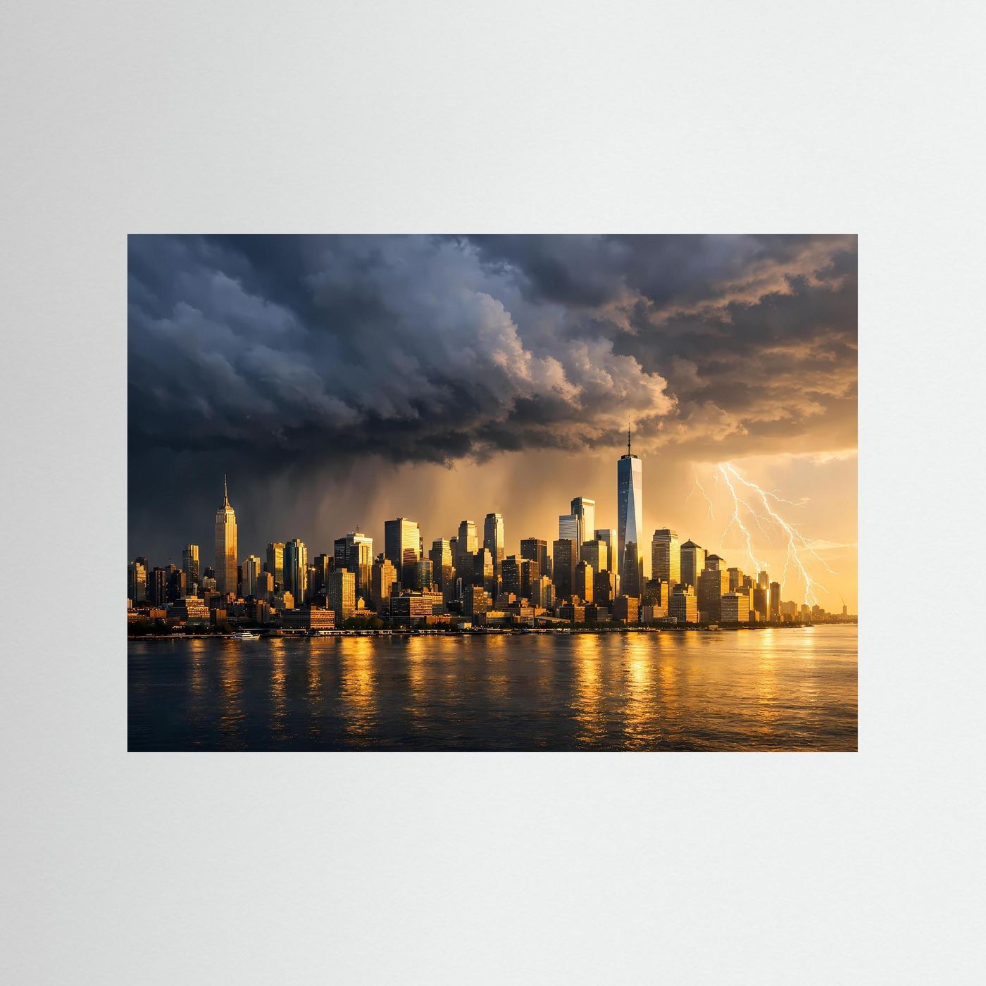 Panorama-Wandbild: New-York-Skyline bei Sonnenuntergang mit Gewitterwolken und Blitzen, randlos