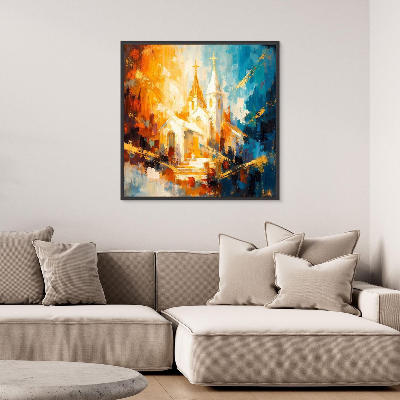 Leinwandbild mit dunklem Rahmen, abstrakte Kirche in warmen Orange- und Blautönen