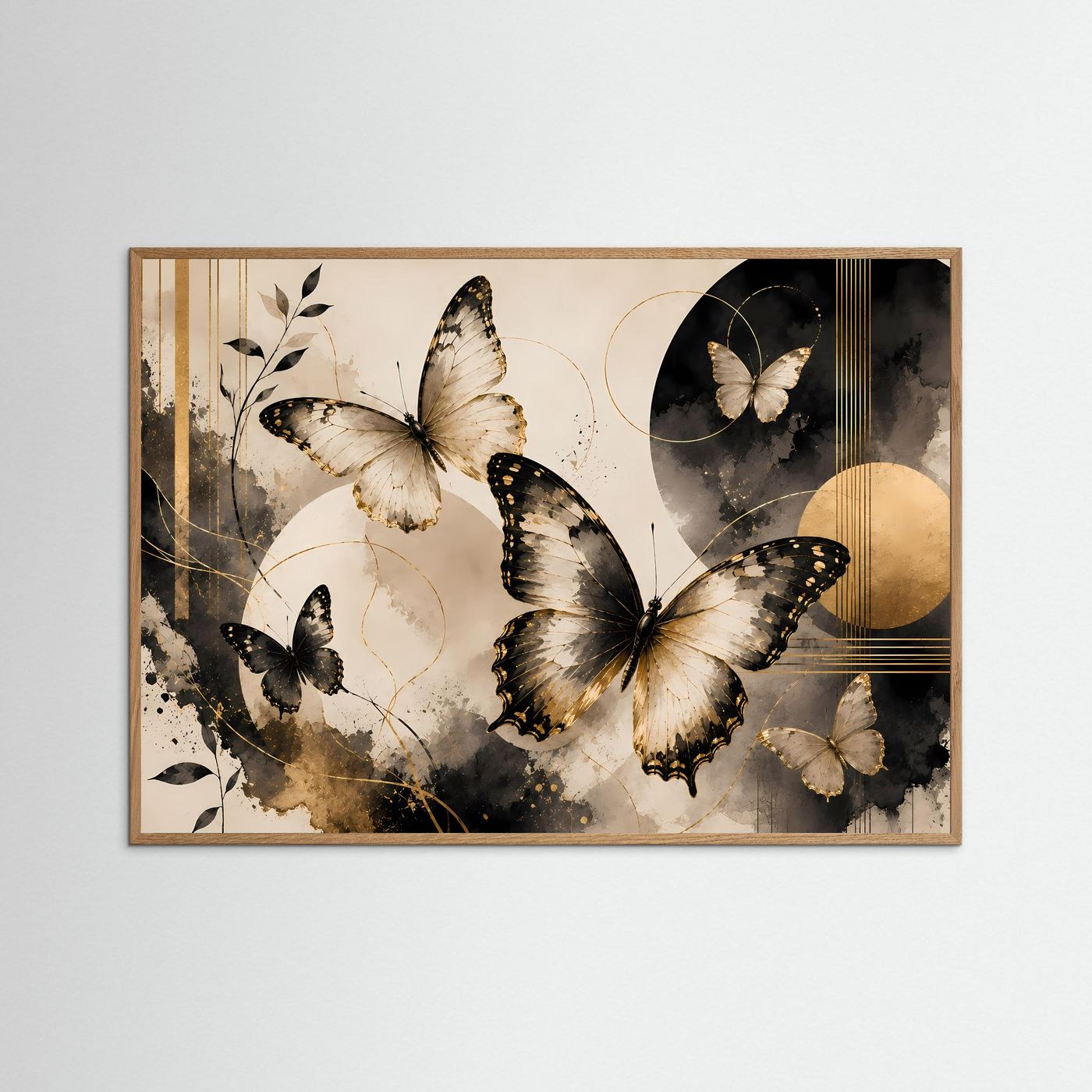 Gerahmtes Schmetterlings-Poster Querformat: Kontrast aus schwarzen Schmetterlingen und Goldkreis