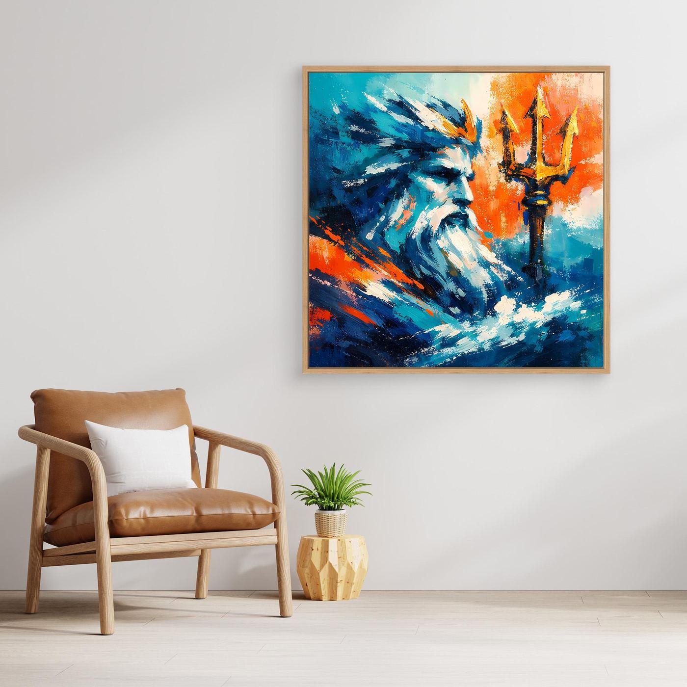 Wall art with oak frame, blue waves, teal figure, orange candles