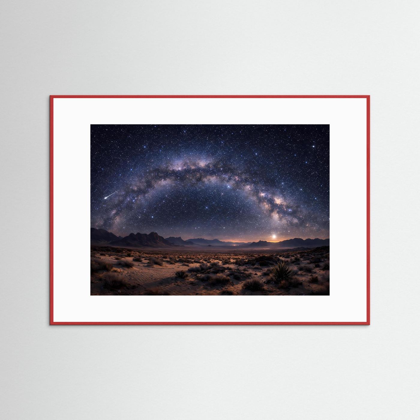 Wandbild mit Sternenhimmel über Wüstenlandschaft, roter Rahmen mit weißer Einfassung
