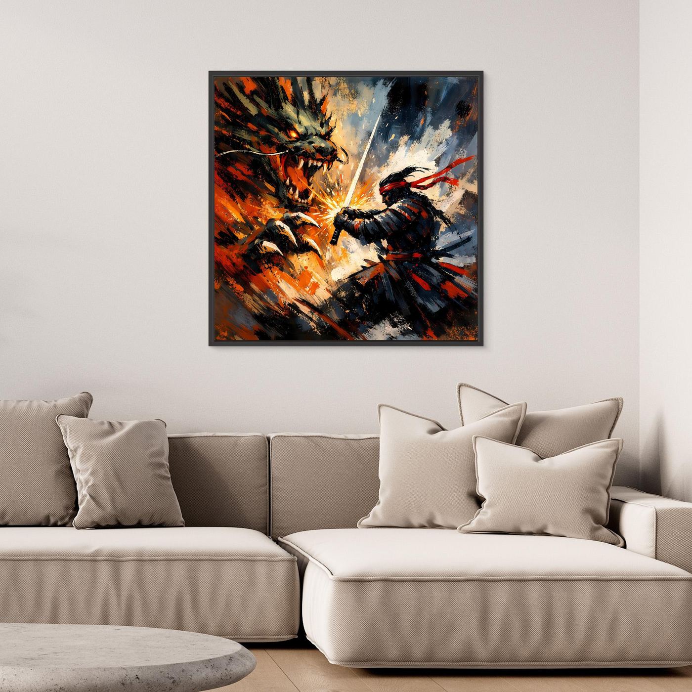 Premium Leinwand Samurai gegen Drache | Abstraktes Fantasy Wandbild Voller Dynamik & Kampfgeist
