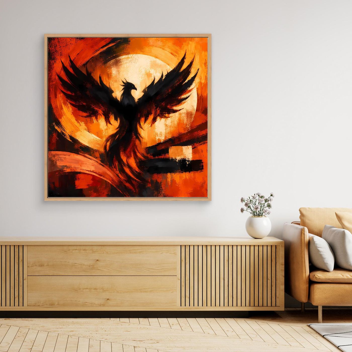 Quadratisches Leinwandbild mit Phönix-Motiv, heller Holzrahmen