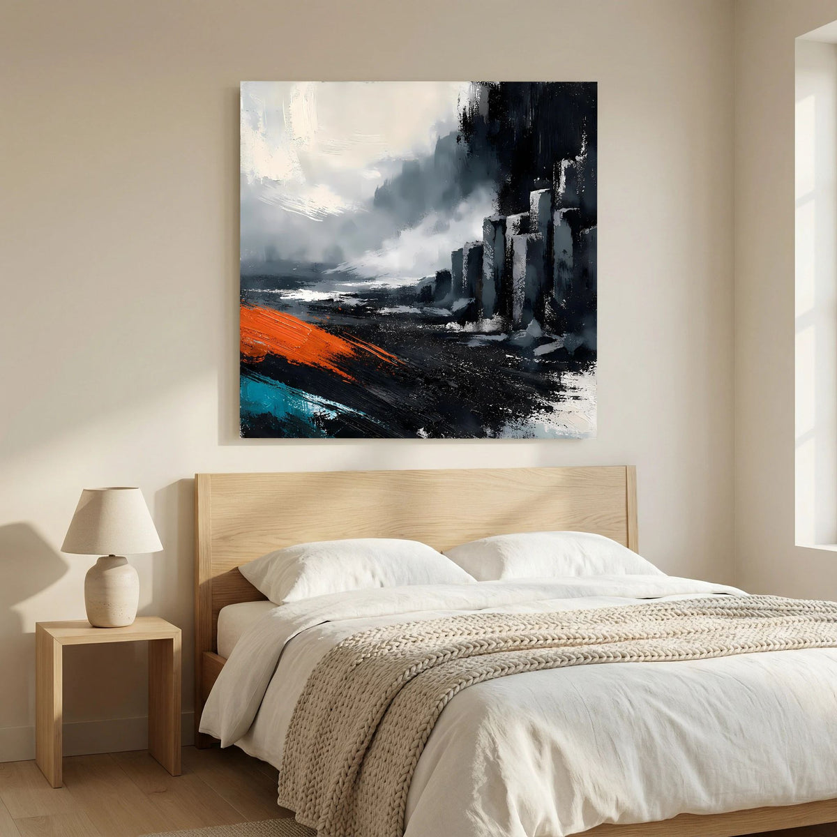 Leinwand Abstraktes Basaltsäulen Gemälde | Modernes Isländisches Vulkan Wandbild Schwarz Orange