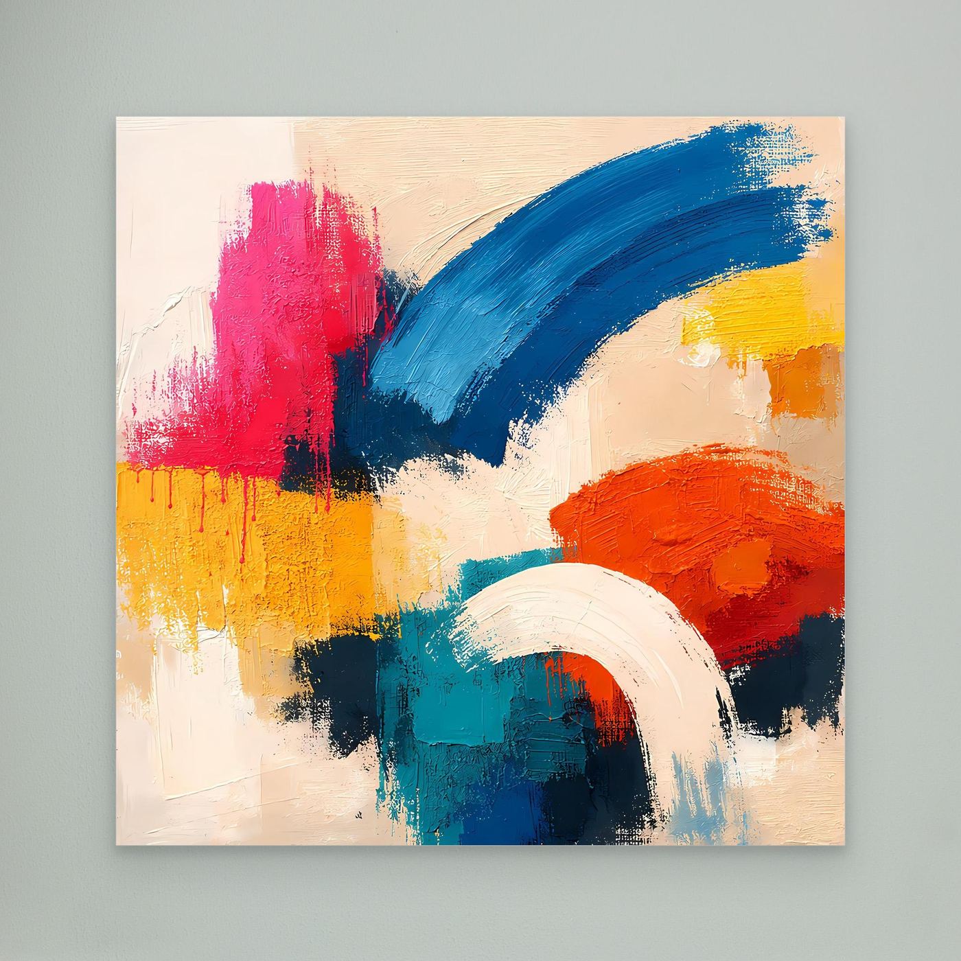 Abstract canvas painting with blue, pink, yellow, orange brush strokes, no frame