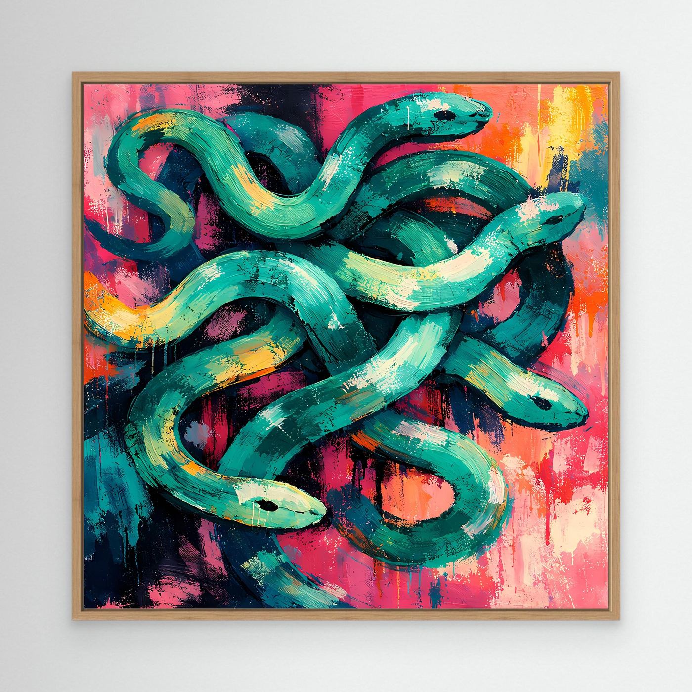 Abstract snake canvas wall art with oak frame; teal coiled forms on pink and orange
