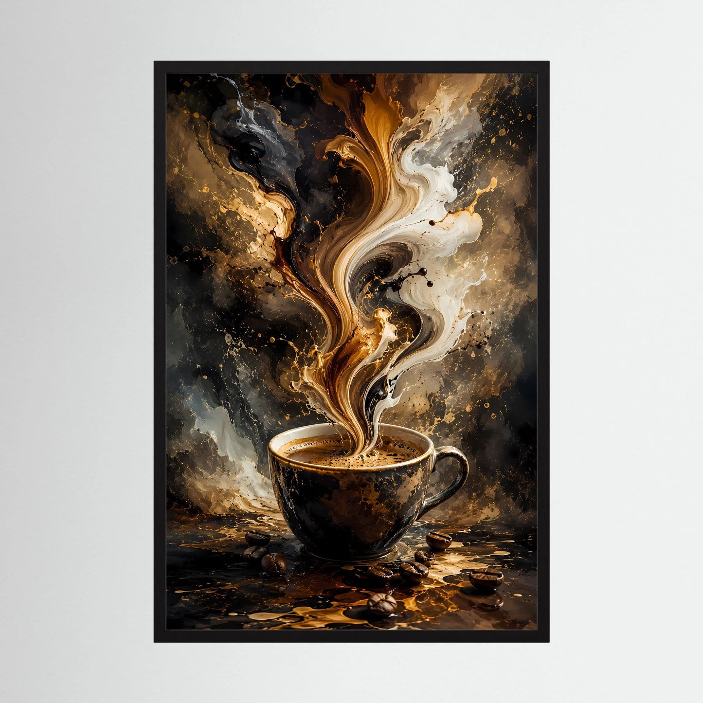 Hochformat-Poster mit Kaffeetasse und Farbwirbel, schwarz gerahmt.
