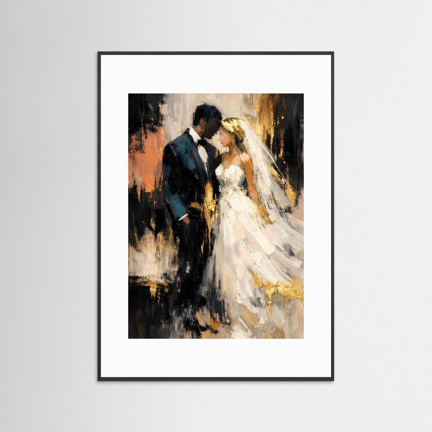 Hochzeits-Poster mit schwarzem Außenrahmen und weißem Passepartout, Paar-Illustration