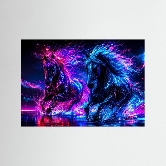 Neon-Pferdeposter im Querformat, zwei leuchtende Pferde in Pink und Blau