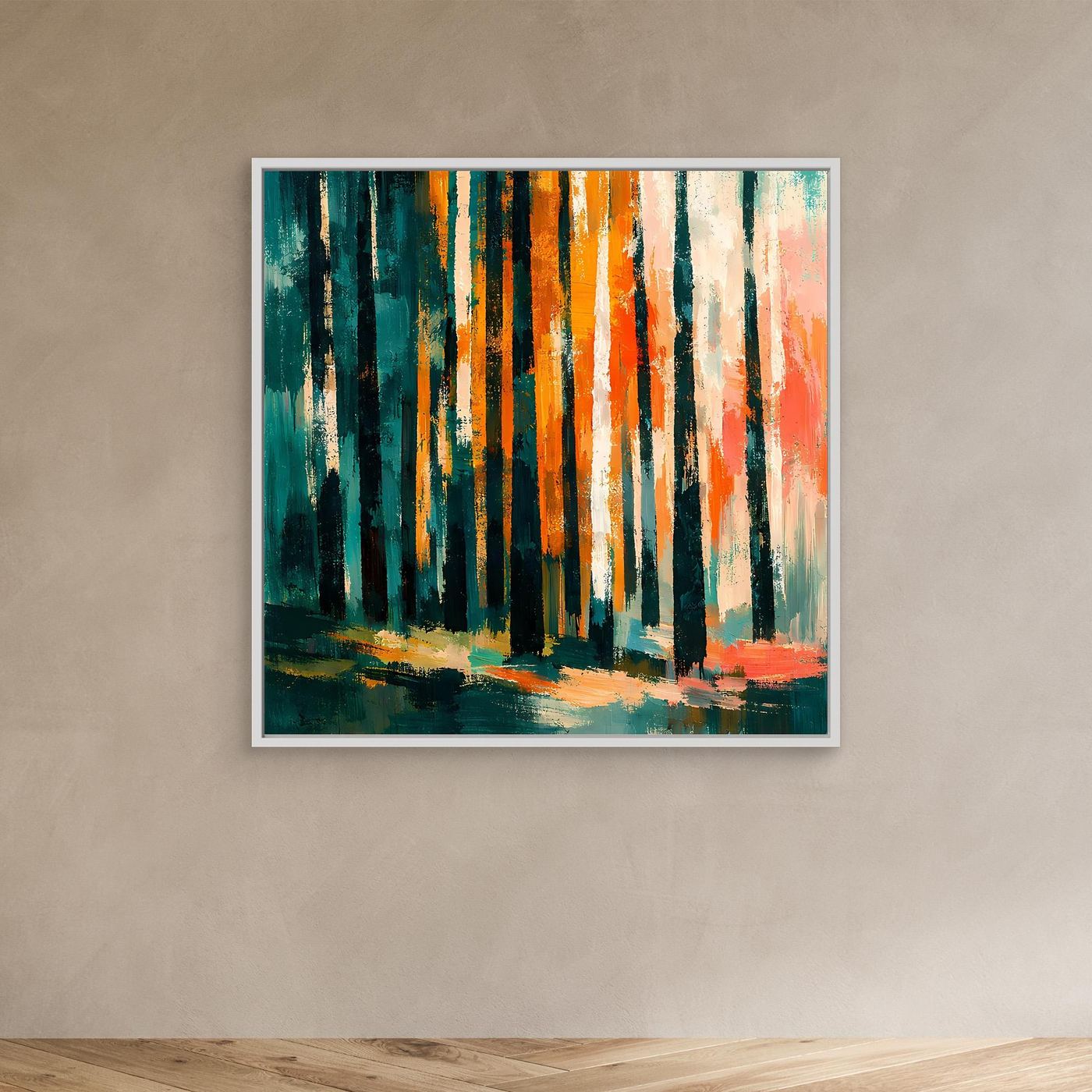 Abstraktes Birkenwald-Wandbild mit weißem Rahmen, bunte Baumstämme, Herbstfarben